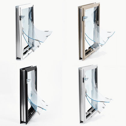 Hale Door Models in white, champagne, and black with clear flexible flaps and magnetic closure
